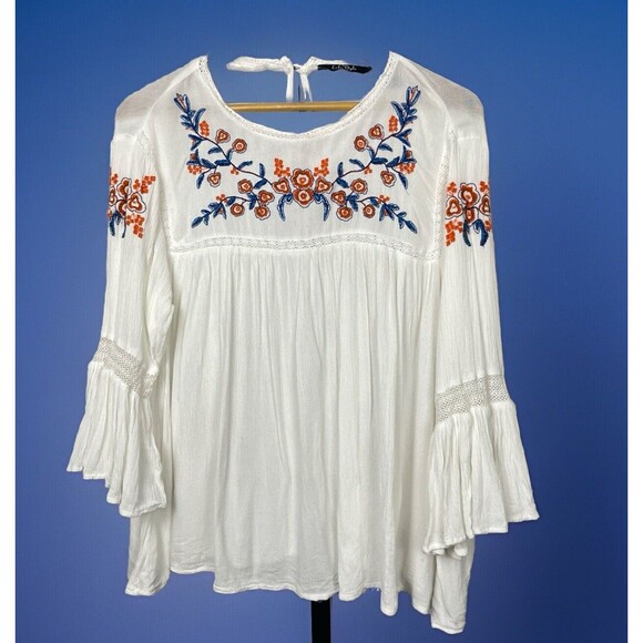 Life Style Top Babydoll Bell Sleeves Embroider Crochet White Gauze PL Large Boho - Picture 2 of 7